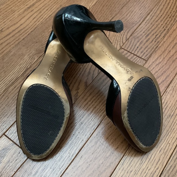 ELLEN TRACY designer black patent & brown leather leather peep toe 31/2” heels - Picture 4 of 9